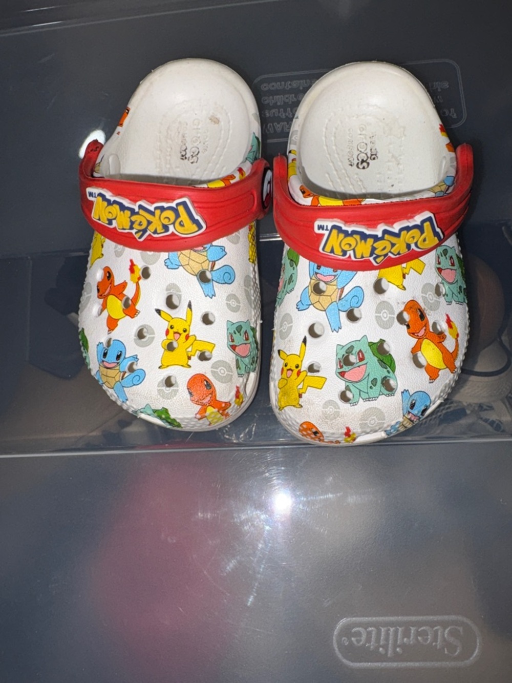 CROCS Kids White Clog Sandals with Red Straps and Pokémon Print